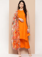 InWeave Women's Tangy Orange Short Pallazo Set W Green Or Dupatta