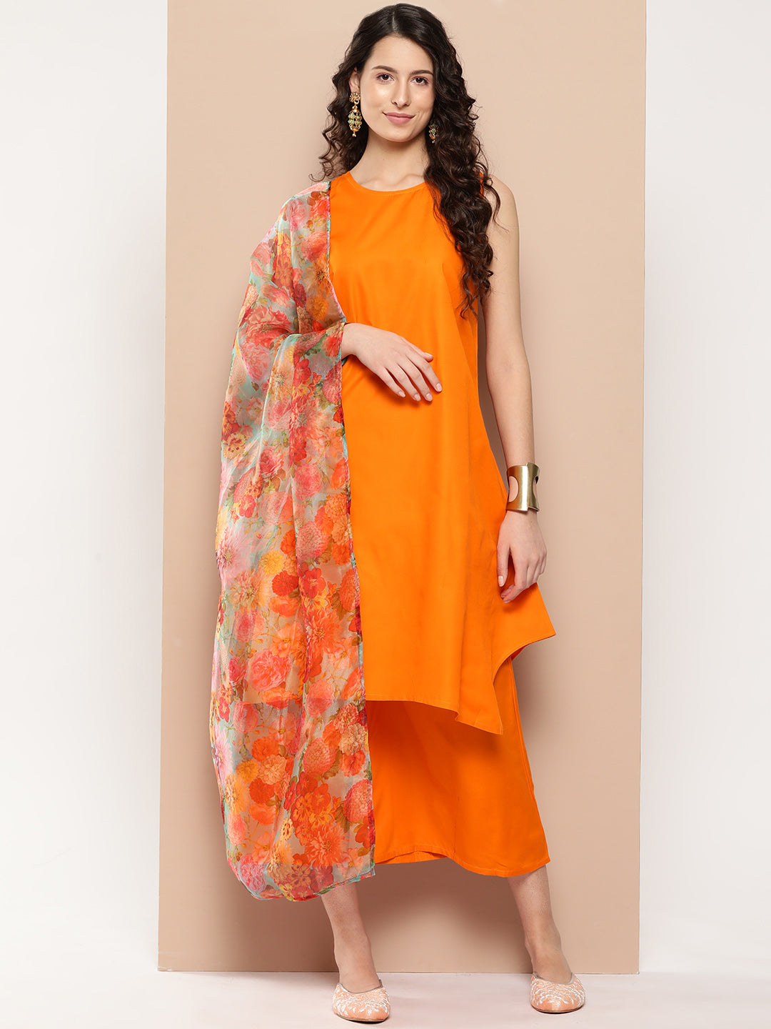 InWeave Women's Tangy Orange Short Pallazo Set W Green Or Dupatta