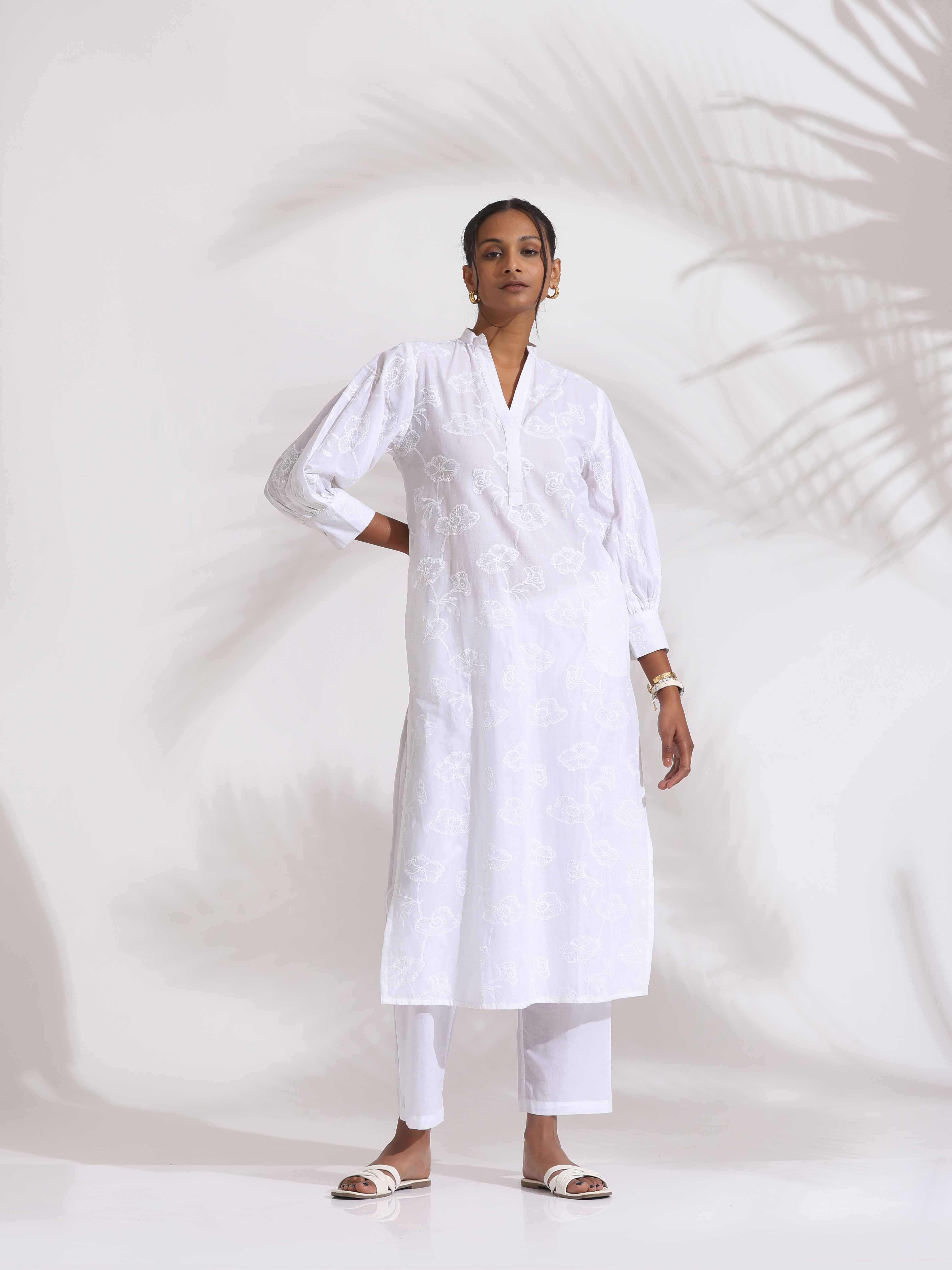 trueBrowns trueBrown White Cotton Schiffli Kurta Set - Distacart