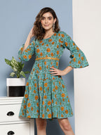 InWeave Women's Blue Mustard Print Short Dress - Distacart