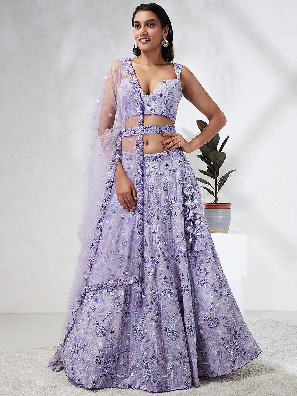 House of Panchhi Lavender Georgette Sequins And Thread Embroidery Lehenga Choli & Dupatta