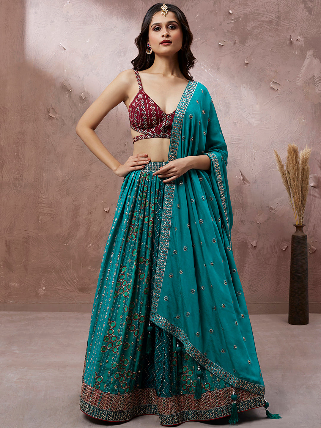 House of Panchhi Printed Embroidery Teal Georgette Sequin Lehenga Choli