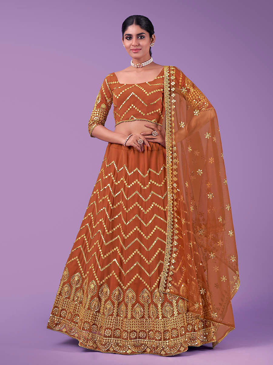 Myra Orange Georgette Embroidered Designer Lehenga