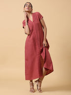 trueBrowns Cotton Linen Rust Red Pleated Dress - Distacart