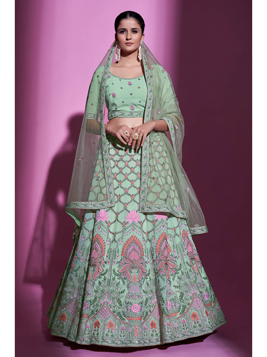 Myra Pista Green Georgette Embroidered Designer Lehenga Choli