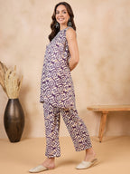 InWeave Purple White Moroccan Print Round Neck Kurta Set