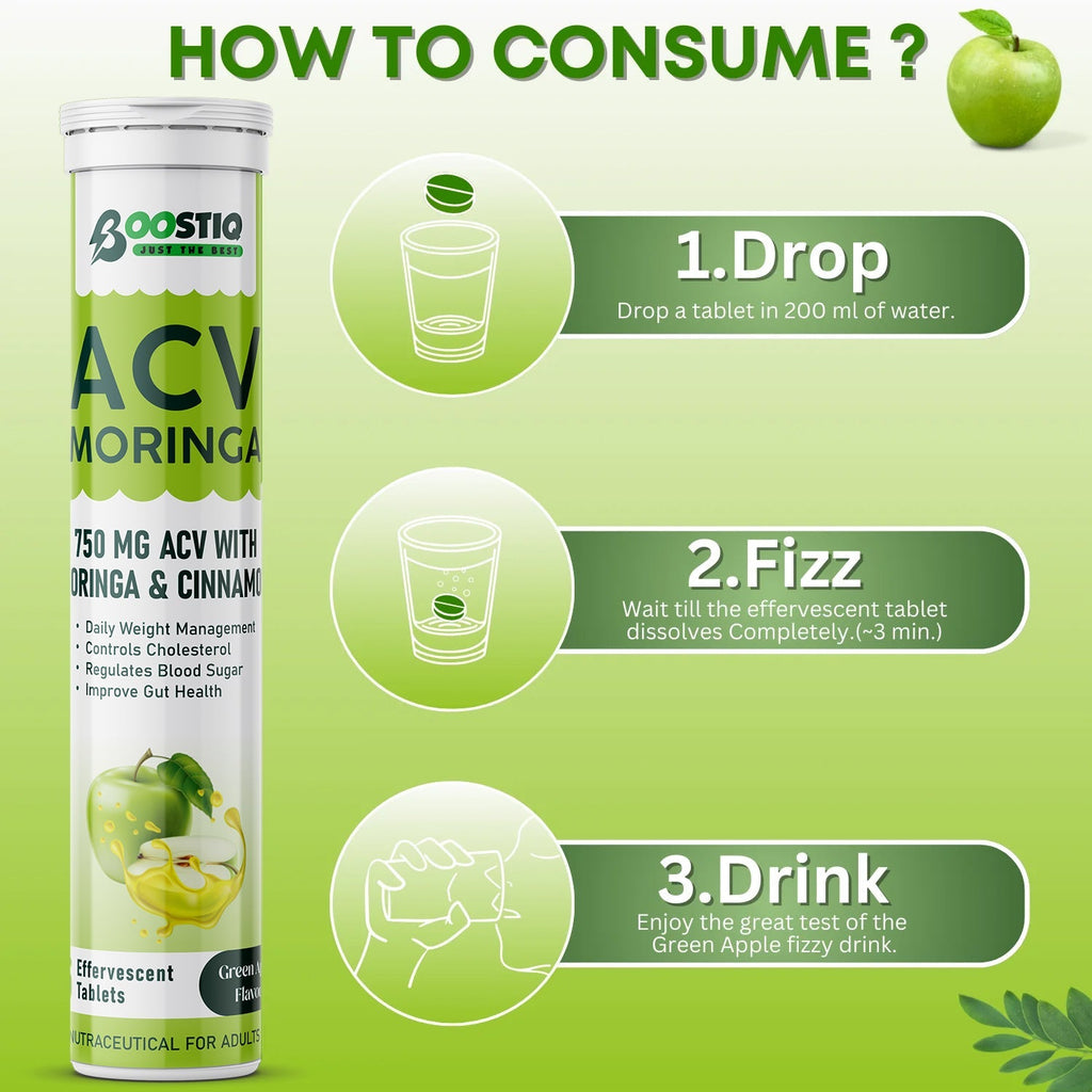 BOOSTIQ Apple Cider Vinegar With Moringa Effervescent Tablets - Green Apple Flavour