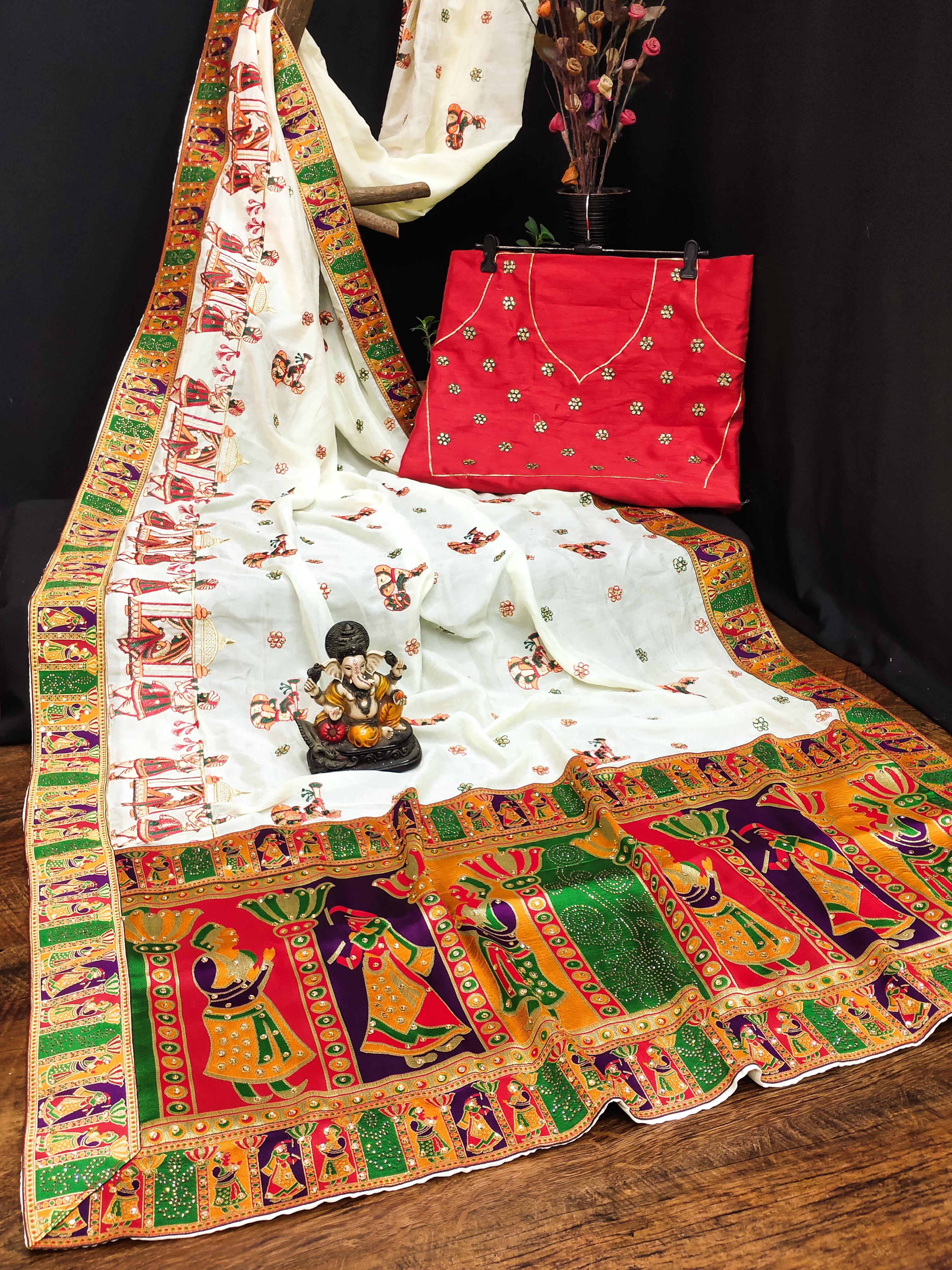 Lorenvalley Fashion Premium White Vichitra Silk Embroidery and Diamond work Both Side Saree