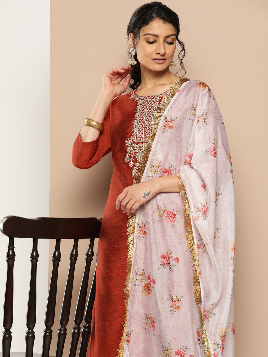 KSUT (House of Varanga) Embroidered Kurta Paired With Pant And Printed Dupatta With Zari Fringes - Distacart