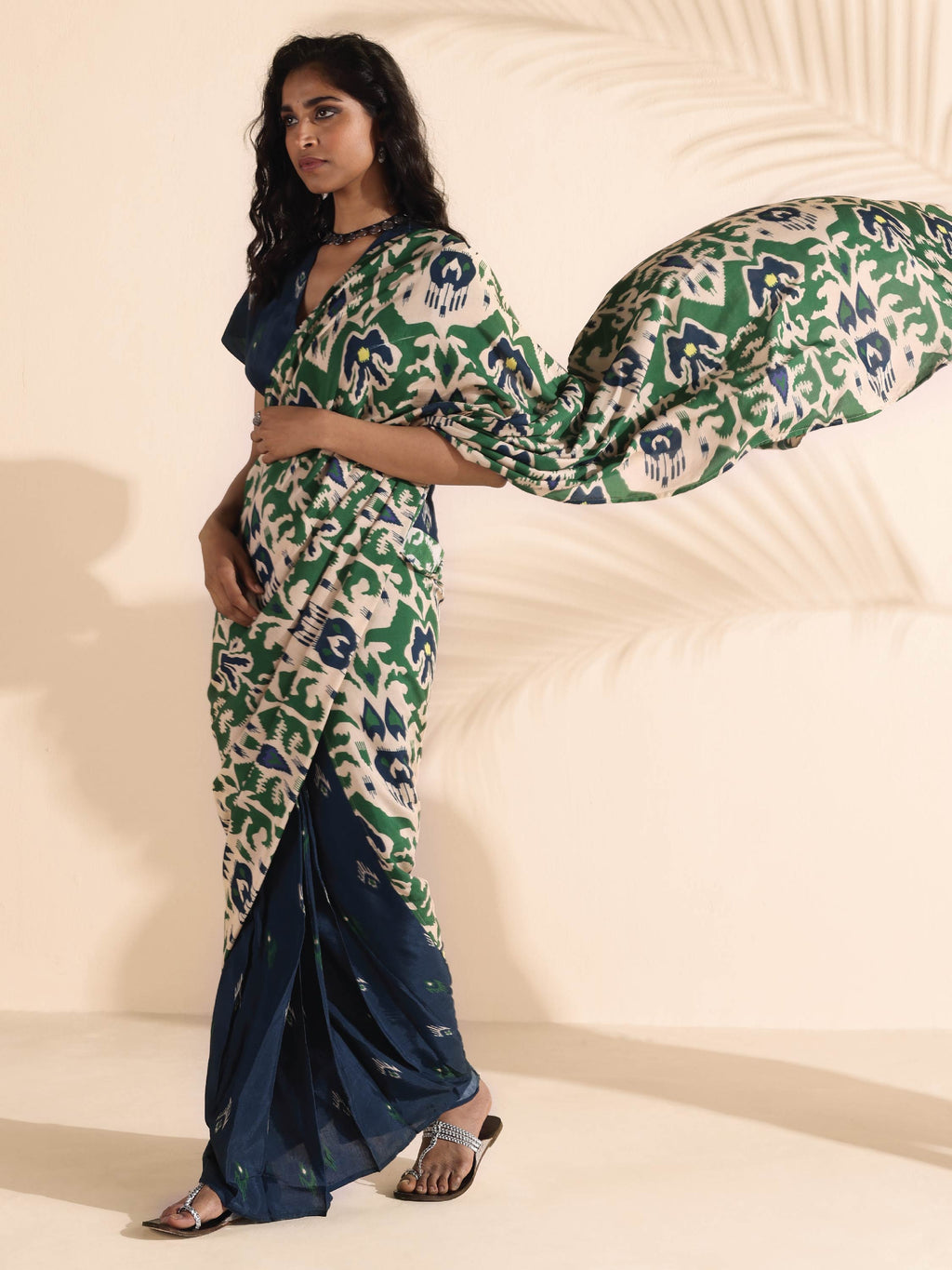 trueBrowns Green Blue Muslin Ikat Saree