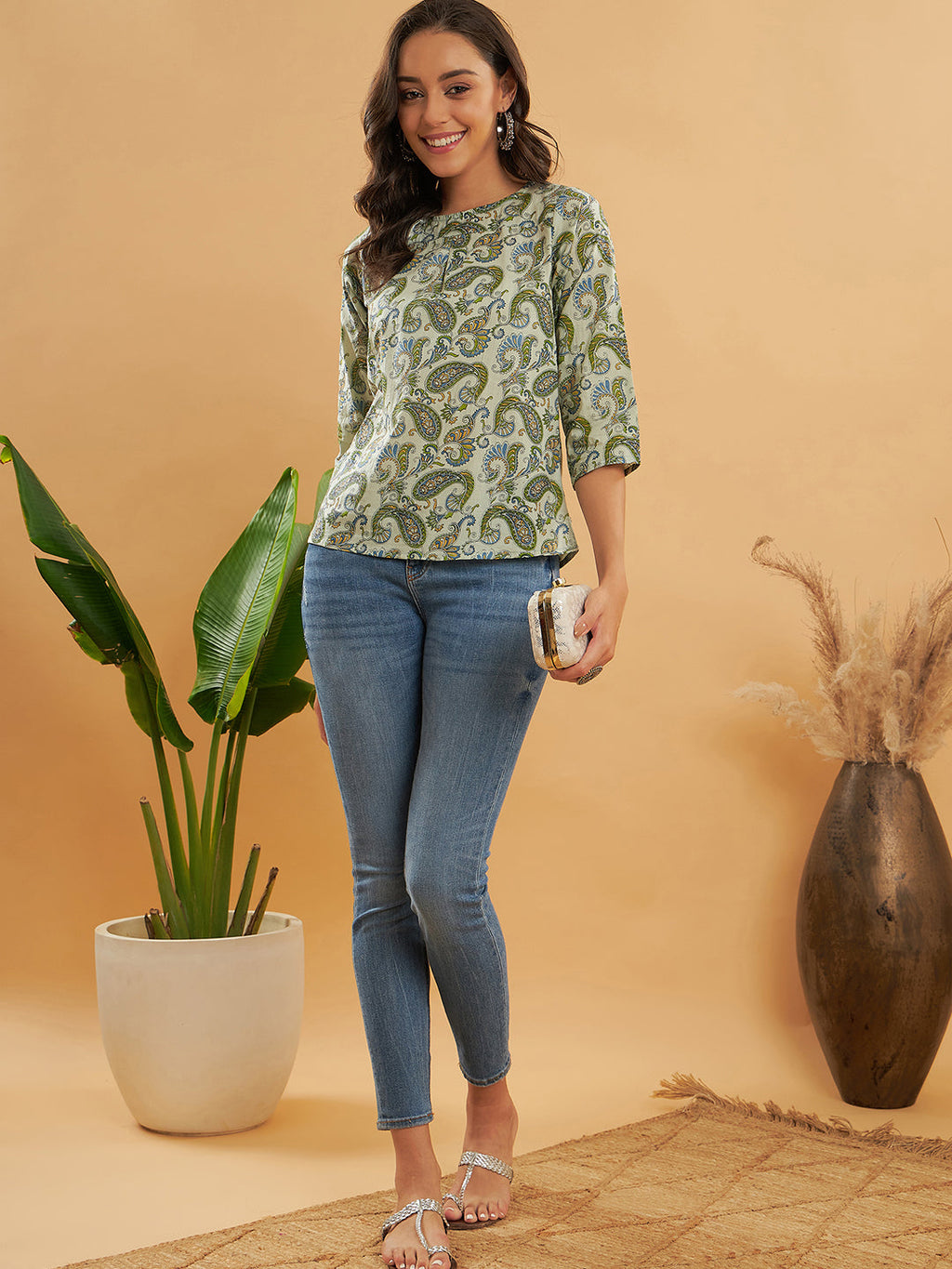 InWeave Women's Sage Green Paisley Print Top