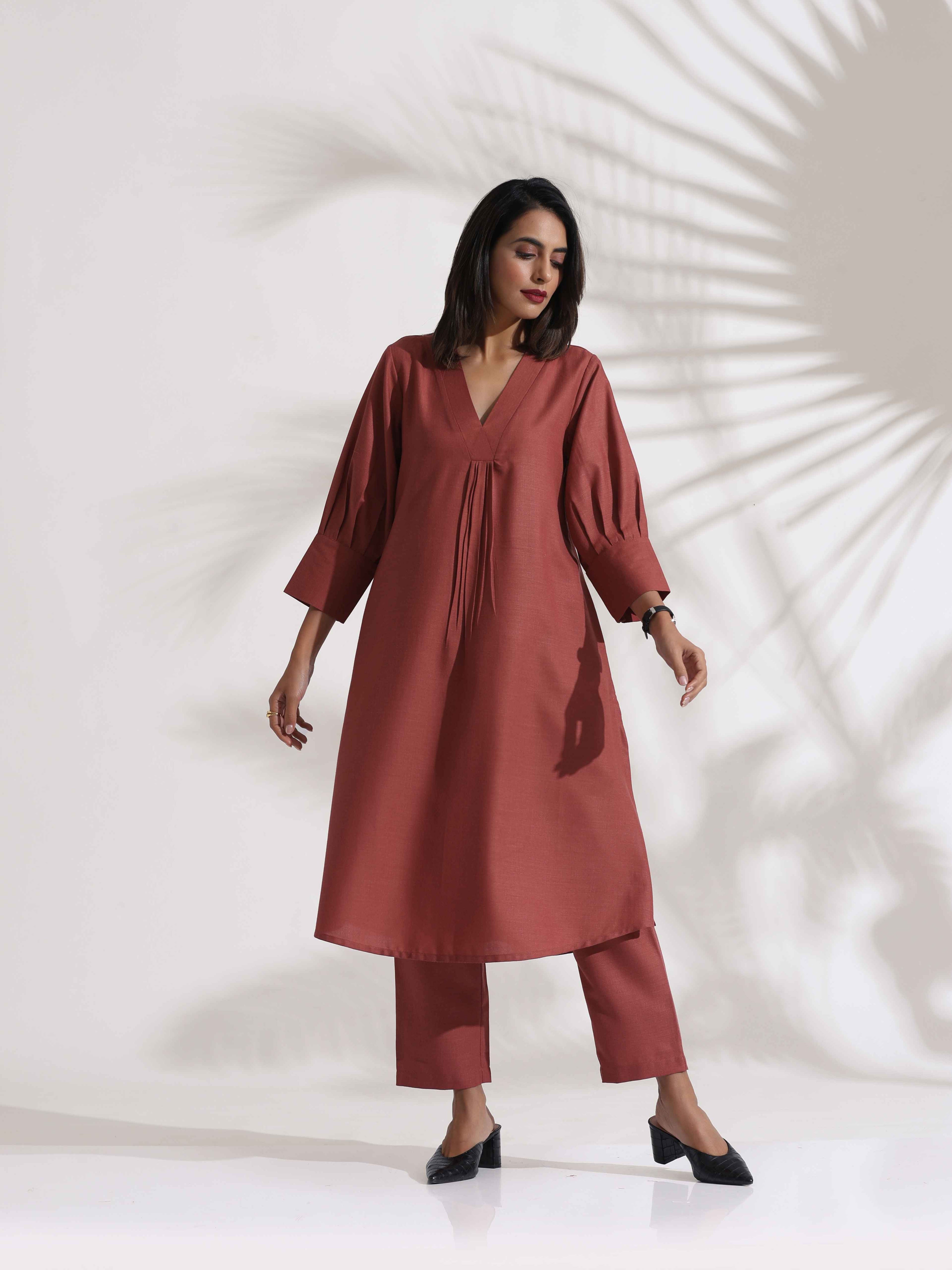 trueBrowns Pink Slub Kurta Set - Distacart