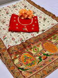 Lorenvalley Fashion Premium White Vichitra Silk Embroidery and Diamond work Both Side Saree