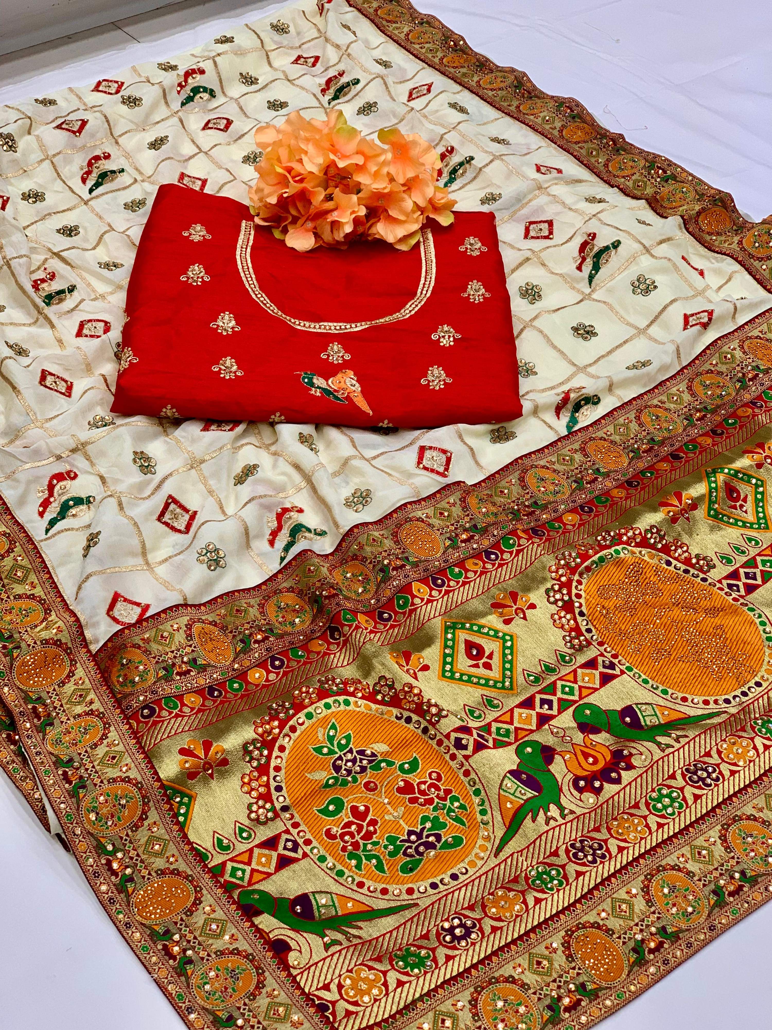 Lorenvalley Fashion Premium White Vichitra Silk Embroidery and Diamond work Both Side Saree