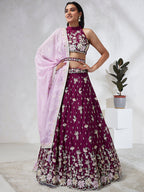House of Panchhi Burgundy Pure Georgette Sequins And Thread Embroidery Lehenga Choli & Dupatta