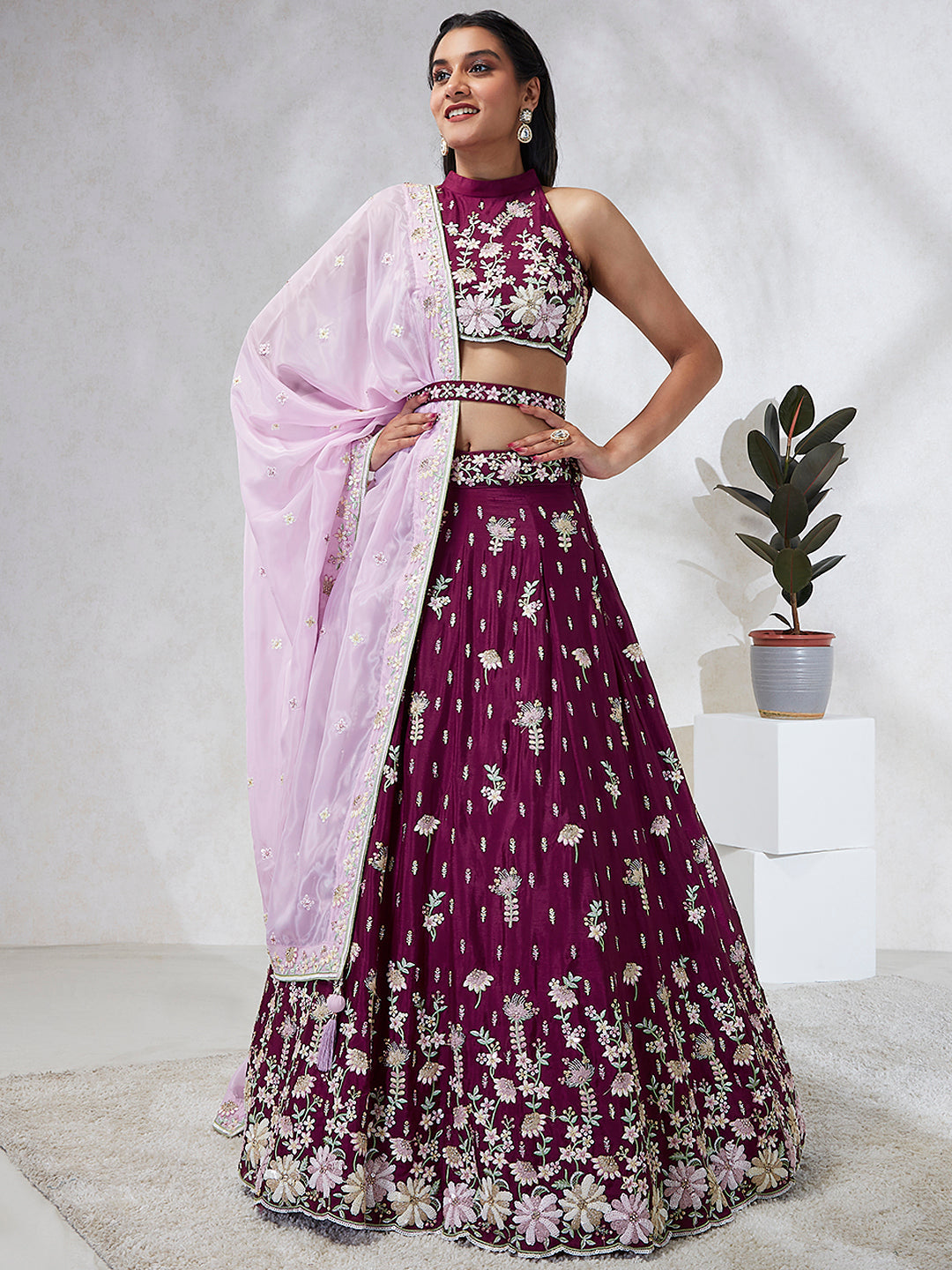 House of Panchhi Burgundy Pure Georgette Sequins And Thread Embroidery Lehenga Choli & Dupatta