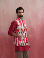trueBrowns Men's Maroon Ikat Print Cotton Reversible Nehru Jacket