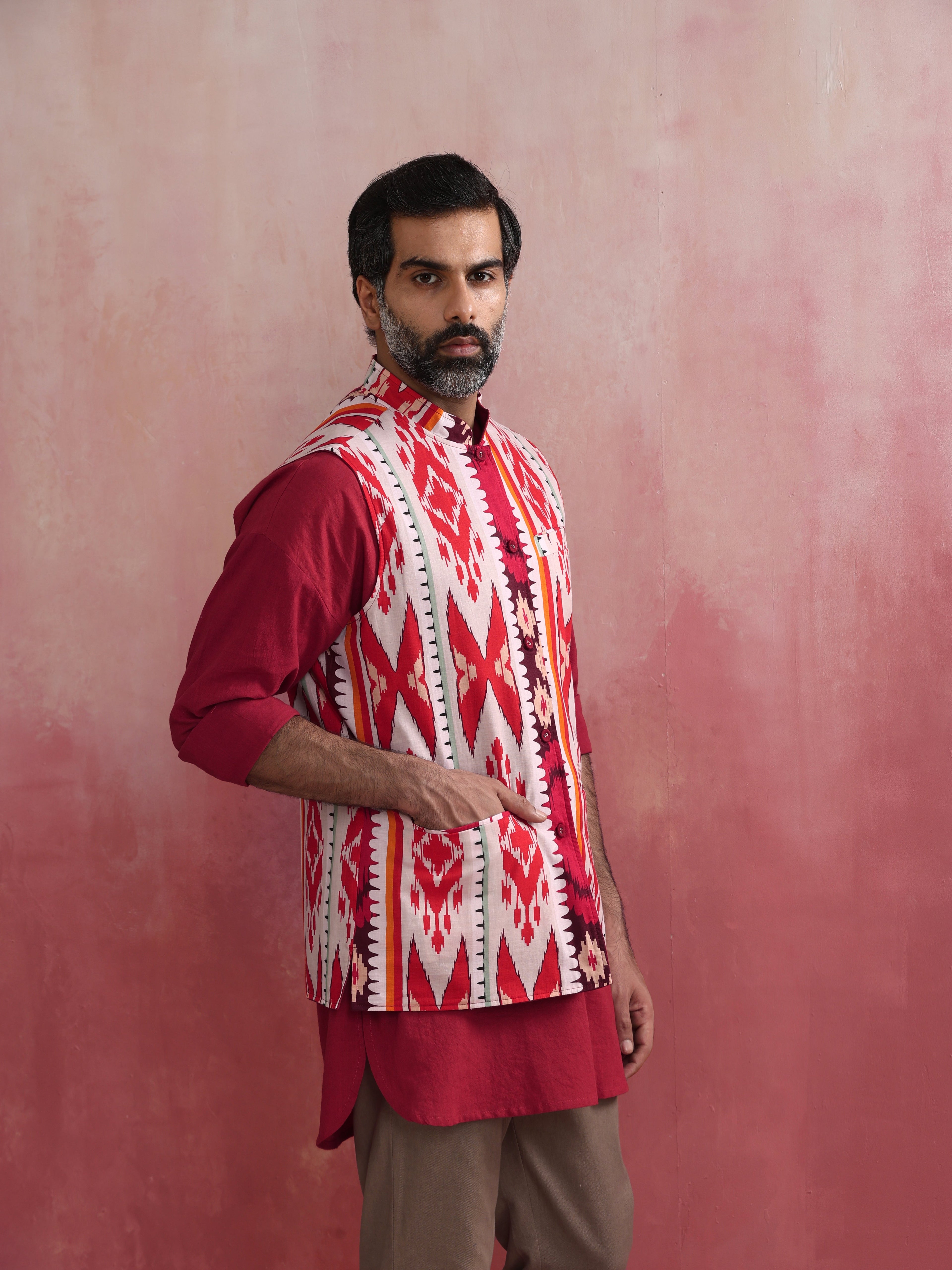 trueBrowns Men's Maroon Ikat Print Cotton Reversible Nehru Jacket