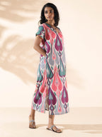 trueBrowns Green Cotton Ikat Slit Dress - Distacart