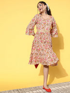InWeave Women's Pink Boota Print Belted Dress - Distacart