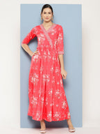 Ahalyaa Floral Printed Pleated Maxi Empire Ethnic Dress - Distacart
