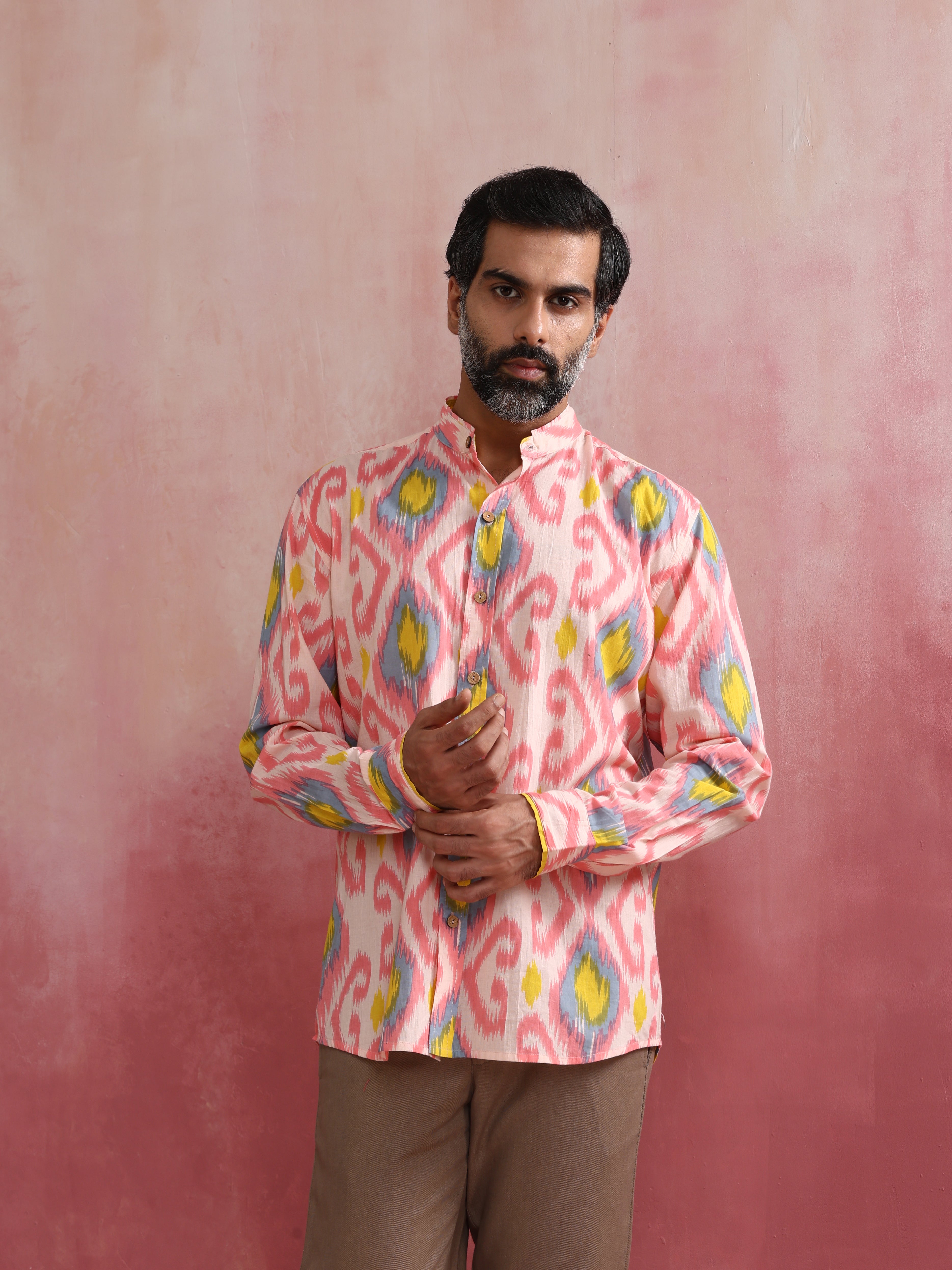 trueBrowns Men's Lime Ikat Print Cotton Shirt