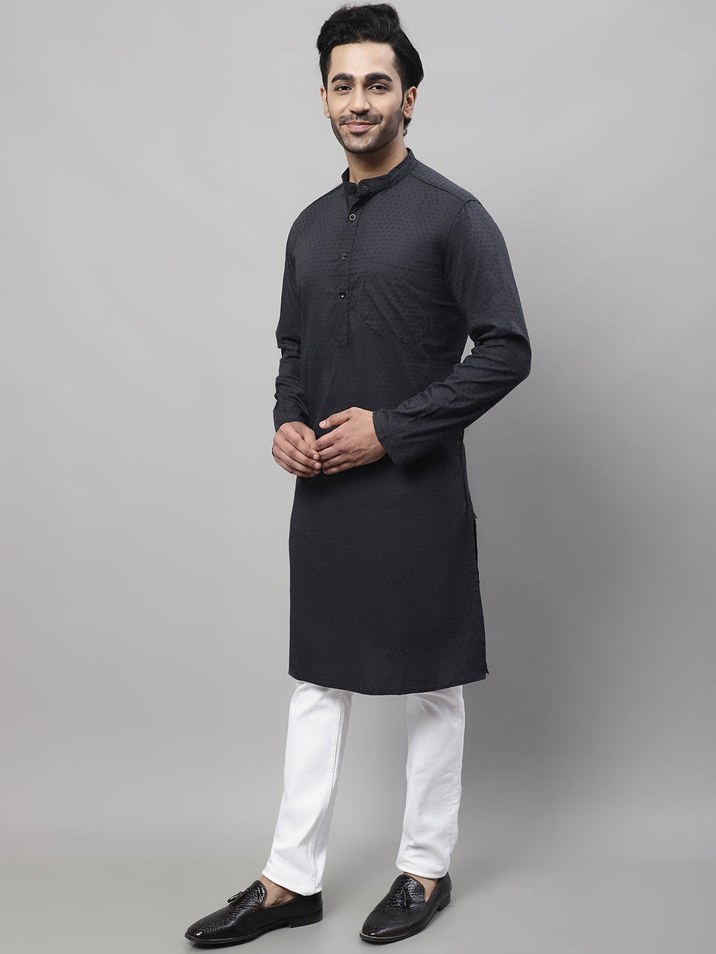 Even Apparels Black Pure Cotton Kurta With Band Collar