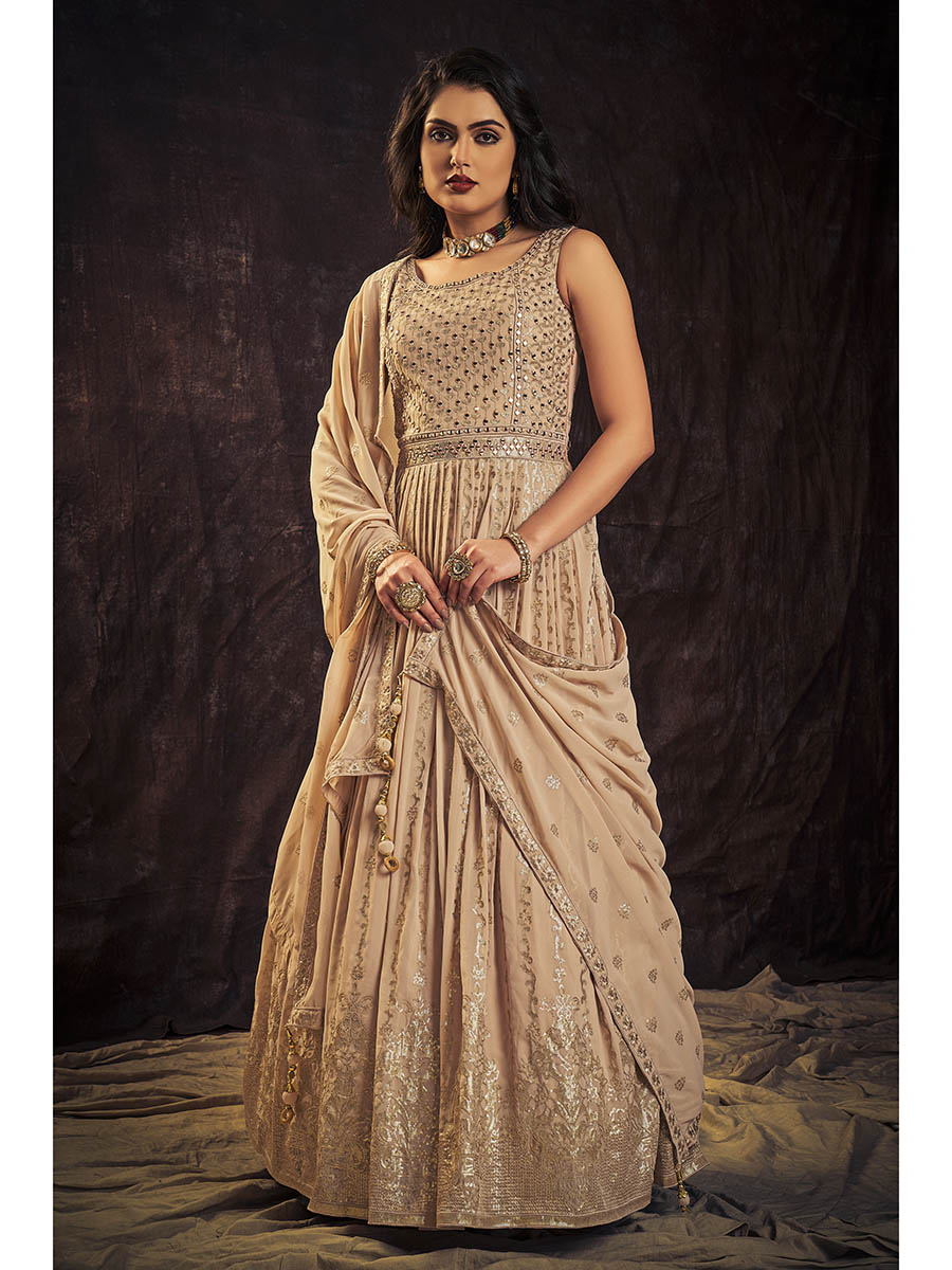 Myra Peach Real Georgette Designer Gown Style Suit - Distacart