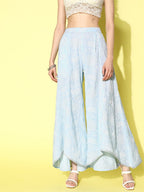 Ahalyaa Women Off White & Blue Floral Printed Flared Ethnic Palazzos