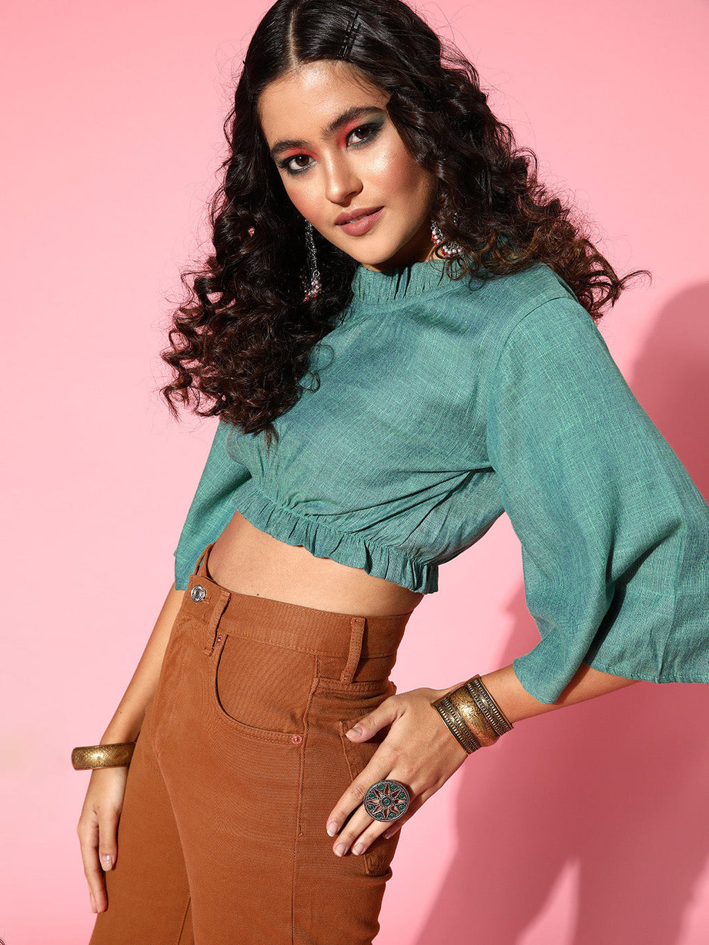InWeave Women's Teal Blue High Neck Crop Top