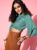 InWeave Women's Teal Blue High Neck Crop Top