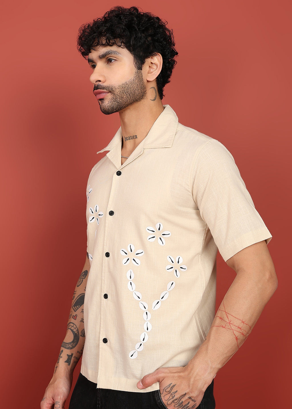 Fabmade Men’S Beige Linen Embroidered Resort Shirt