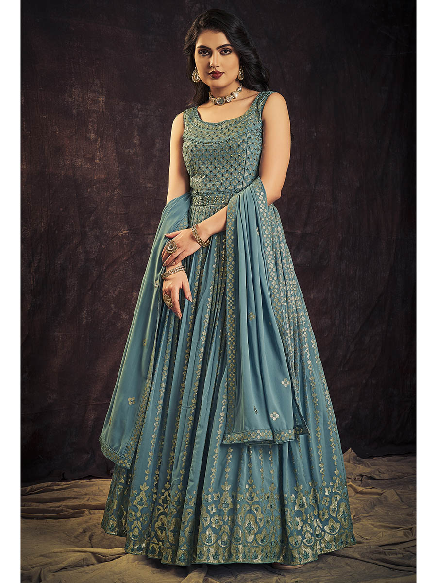 Myra Blue Real Georgette Designer Gown Style Suit - Distacart