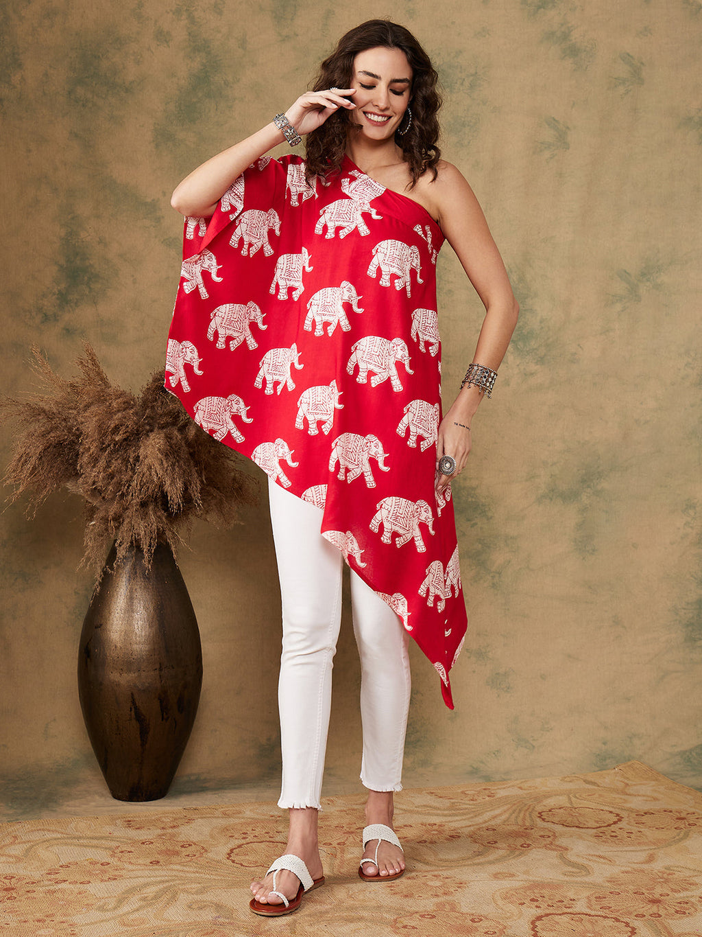 InWeave Women's Red Elephant Print Oneshoulder Top