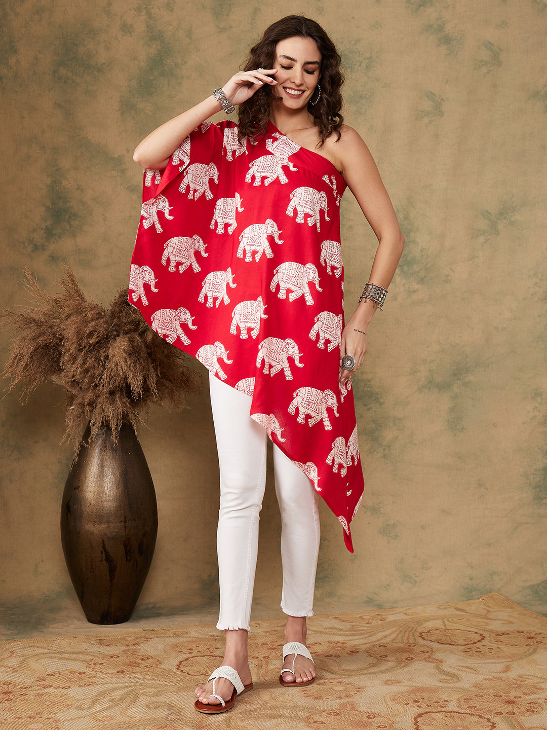 InWeave Women's Red Elephant Print Oneshoulder Top