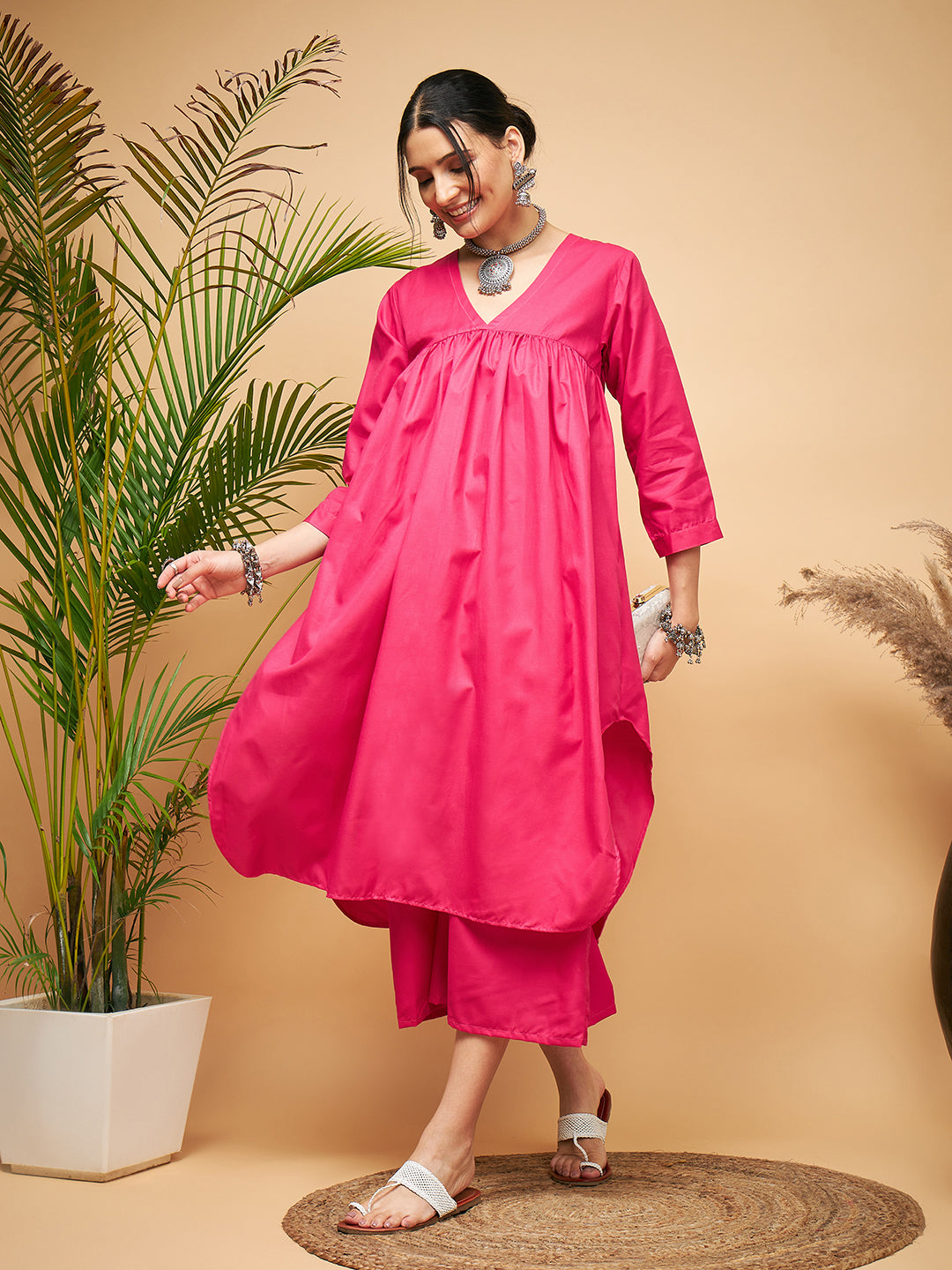 InWeave Women's Fuchsia Flared Kurta Palazzo Set