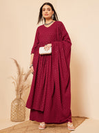 InWeave Women's Maroon Chikankari Long Anarkali Kurta Palazzo Set W Dupatta