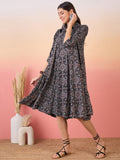 InWeave Black Maroon Ajrakh Foil Collar Flared Dress - Distacart