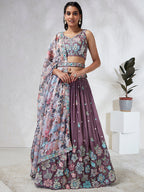 House of Panchhi Lavender Georgette Sequins And Thread Embroidery Lehenga Choli & Dupatta