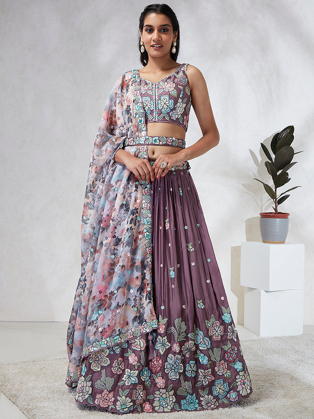 House of Panchhi Lavender Georgette Sequins And Thread Embroidery Lehenga Choli & Dupatta