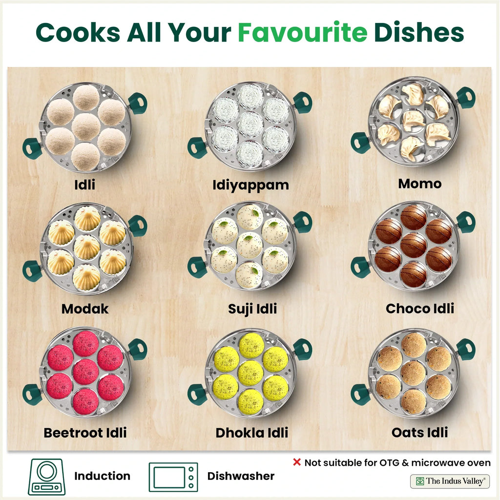The Indus Valley 14 Pit Tri-Steel Multi Pot Premium Stainless Steel Idli/ Momo Maker/  Veg Steaming Set, Tri-ply Induction Bottom, 2 Plates, 27cm