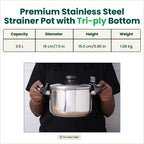The Indus Valley Tri-steel Stainless Steel Rice Pot with Strainer Lid & Lockable Bakelite Handles, Tri-ply 3-Layer Heavy Bottom | Noodle/Pasta/Corn/Soya/Veggies Boiler Pot, Steamer Cooker, Induction & Gas, 1.08 Kg, 19cm, 3.5 L