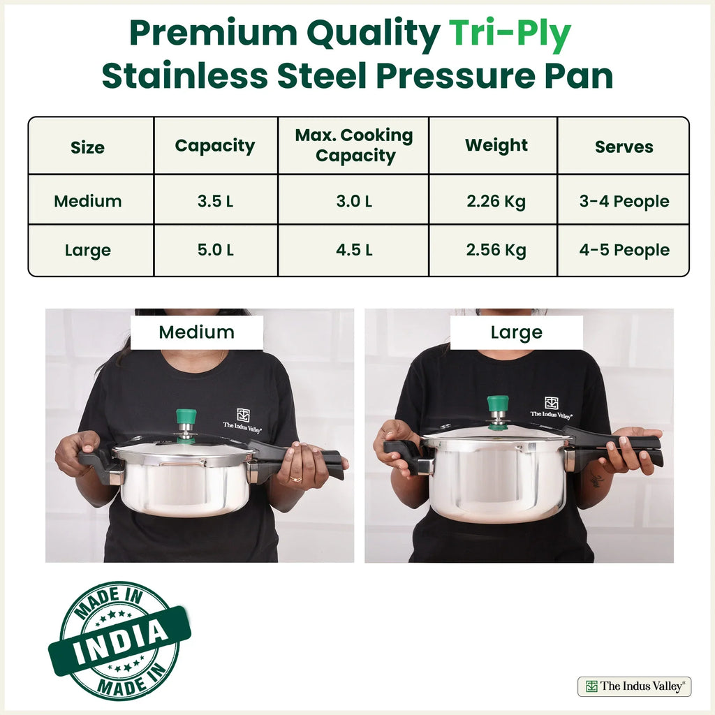 The Indus Valley Tri-ply Stainless Steel Pressure Pan, Premium Quality, 3 Layer Thick Body, Heavy Bottom, 100% Food-safe, ISI Certified, Induction & Gas, 3.5/5L