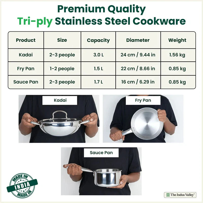 The Indus Valley TurboCuk Tri-ply Stainless Steel Cookware Set: 24cm Kadai with Lid + 22cm Fry Pan + 16cm Sauce pan, Premium Quality, 3 Layer Thick Body, 100% Toxin-free, Non-stick, Induction & Gas