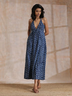 trueBrowns Indigo Dabu Floral Print Cotton Sleeveless Dress - Distacart