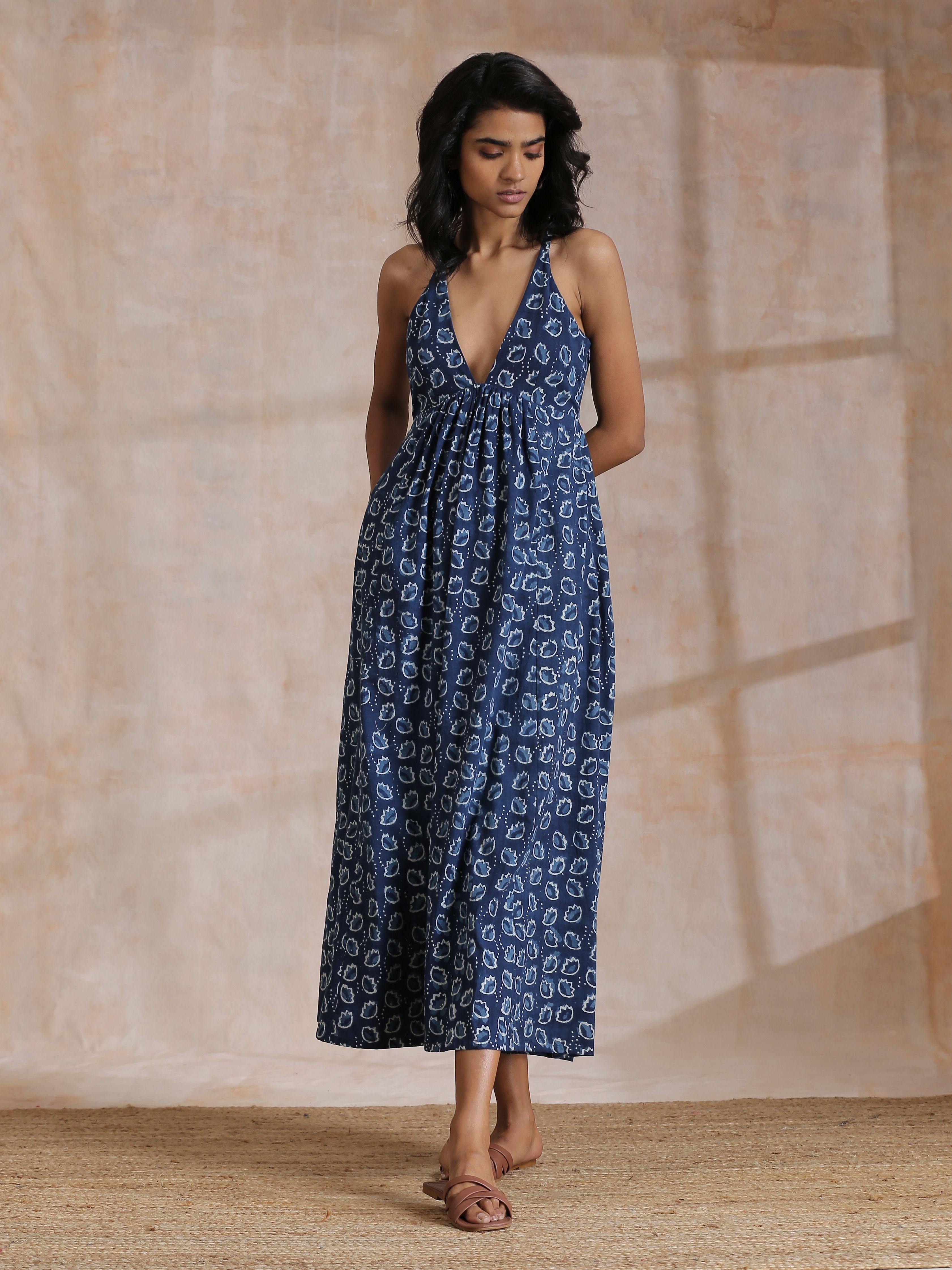 trueBrowns Indigo Dabu Floral Print Cotton Sleeveless Dress - Distacart