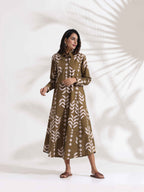 trueBrowns Olive Green Cotton Print Shirt Dress - Distacart