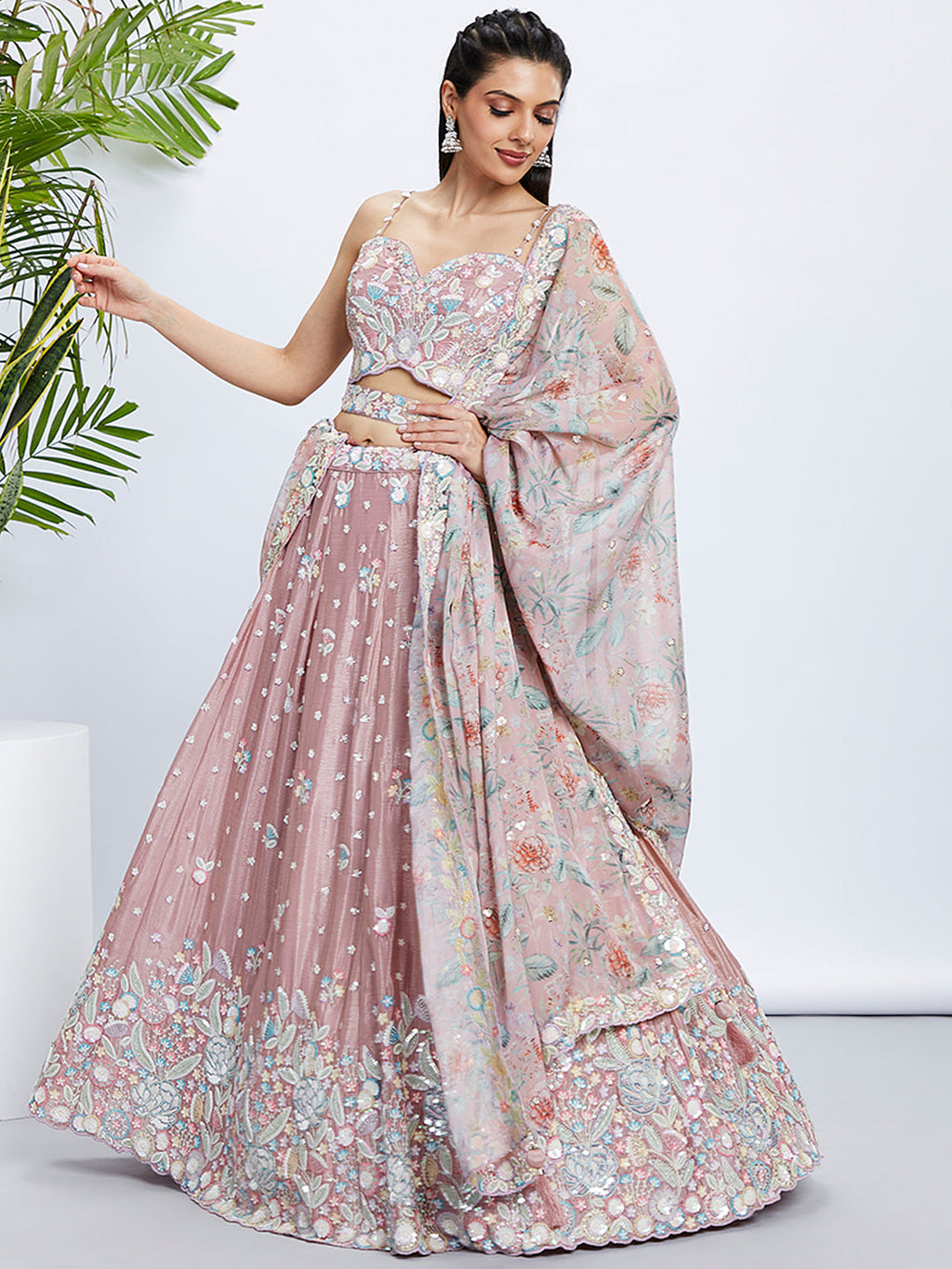 House of Panchhi Green Chiffon Position Print With Sequins Embroidery Lehenga Choli & Dupatta