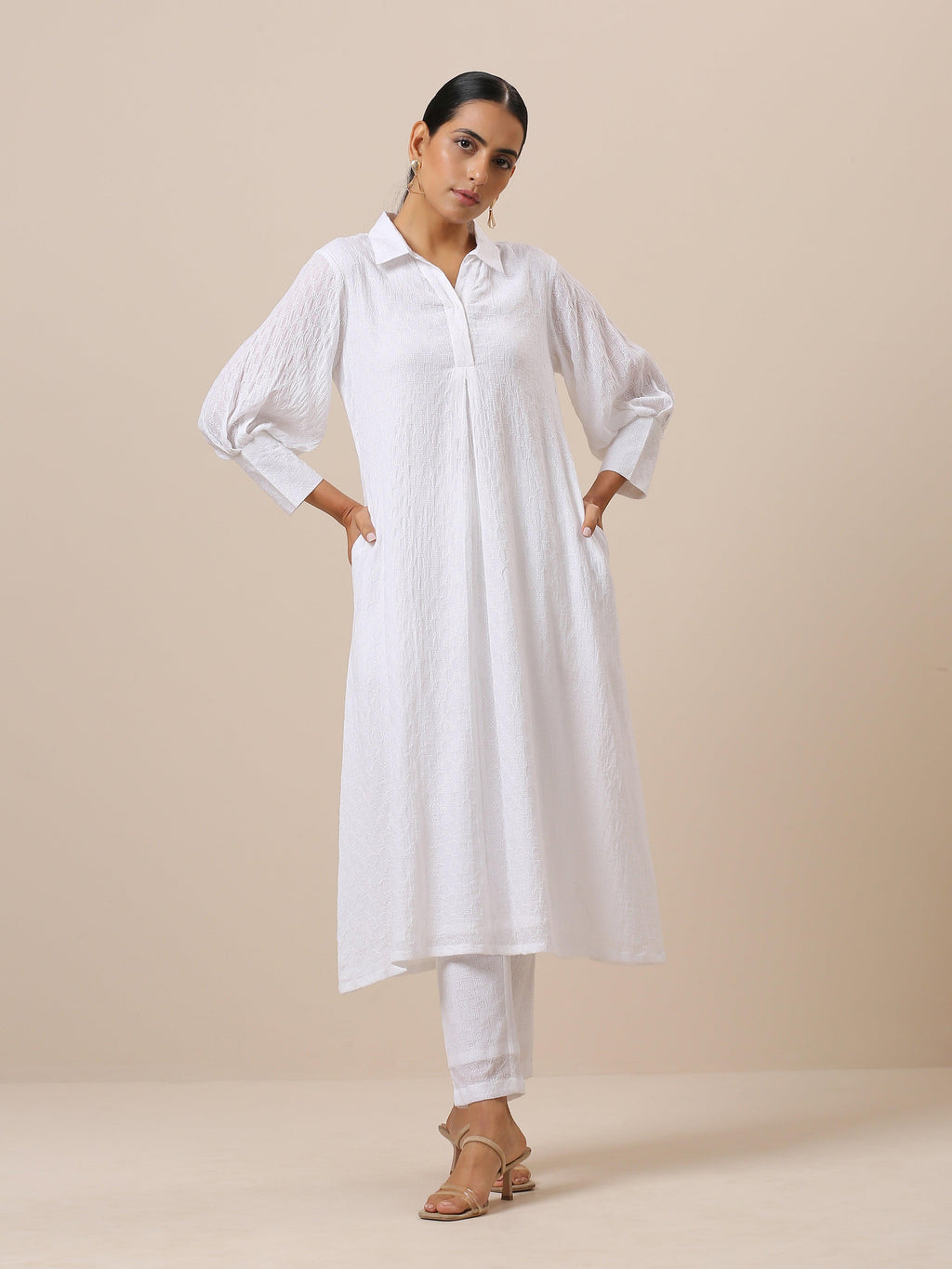 trueBrowns Cotton White Weave Collar Kurta Pant Set | Relove - Distacart
