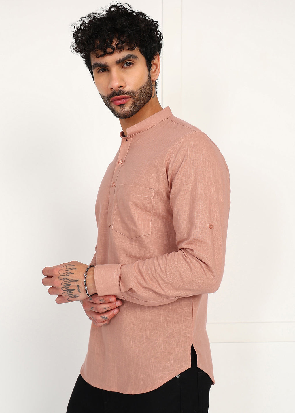 Fabmade Men’S Peach Linen Short Kurta